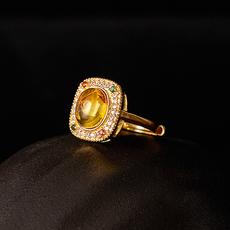 Wear FengShui Natural Amber Flower Square Support Full Diamond Confidence Ring