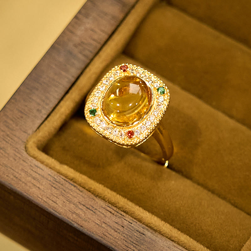 Wear FengShui Natural Amber Flower Square Support Full Diamond Confidence Ring