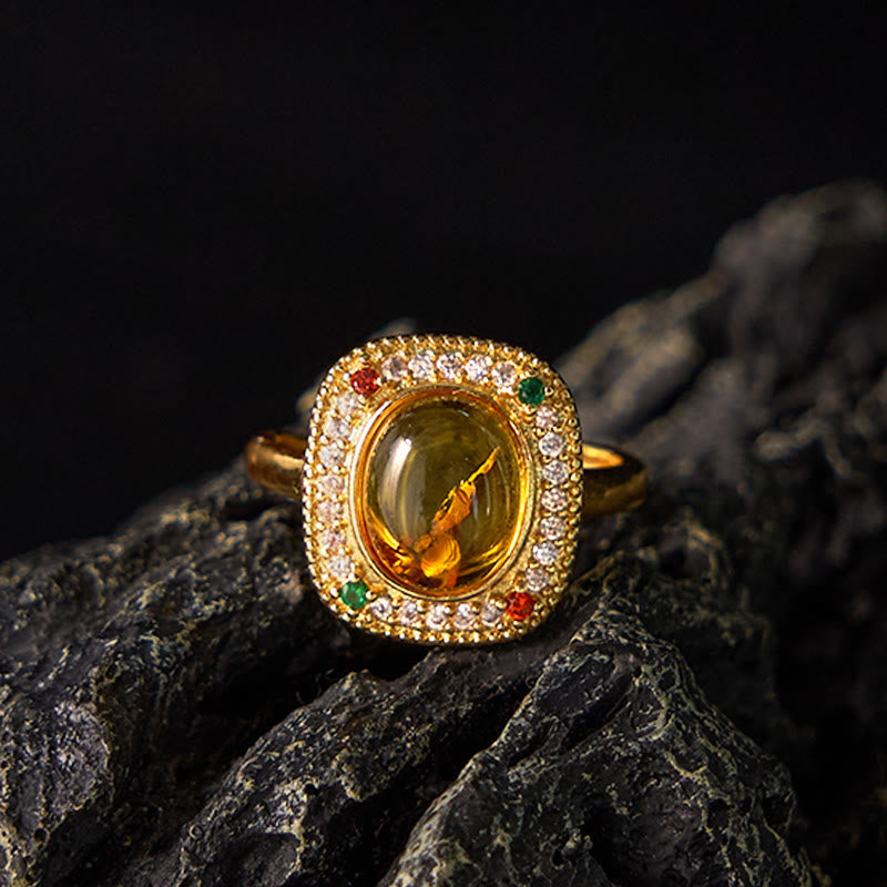 Wear FengShui Natural Amber Flower Square Support Full Diamond Confidence Ring