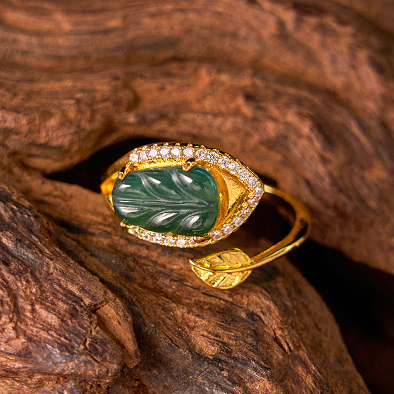 Wear FengShui Copper Plated Gold Natural Jade Leaf Prosperity Adjustable Ring