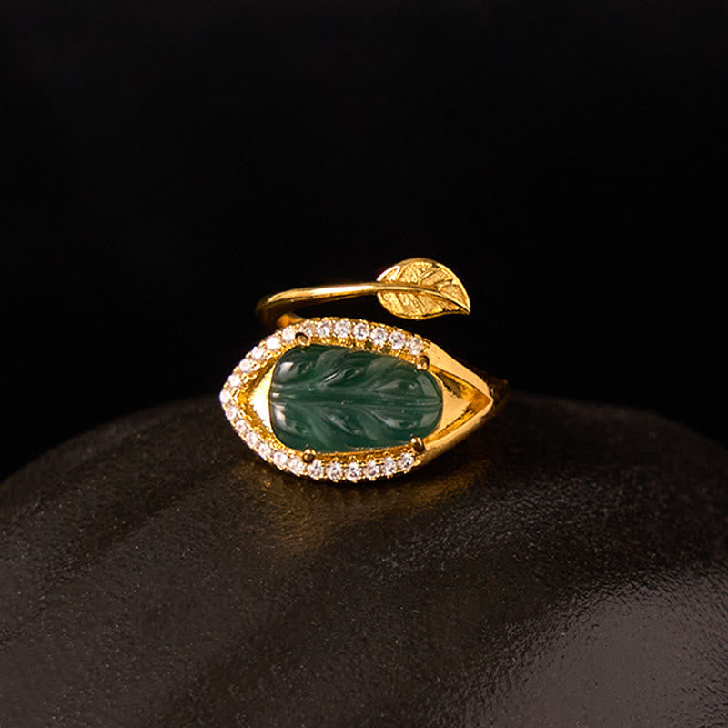 Wear FengShui Copper Plated Gold Natural Jade Leaf Prosperity Adjustable Ring