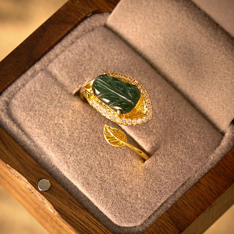 Wear FengShui Copper Plated Gold Natural Jade Leaf Prosperity Adjustable Ring