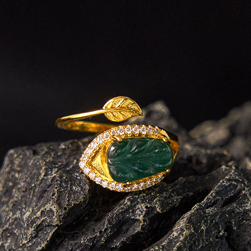 Wear FengShui Copper Plated Gold Natural Jade Leaf Prosperity Adjustable Ring