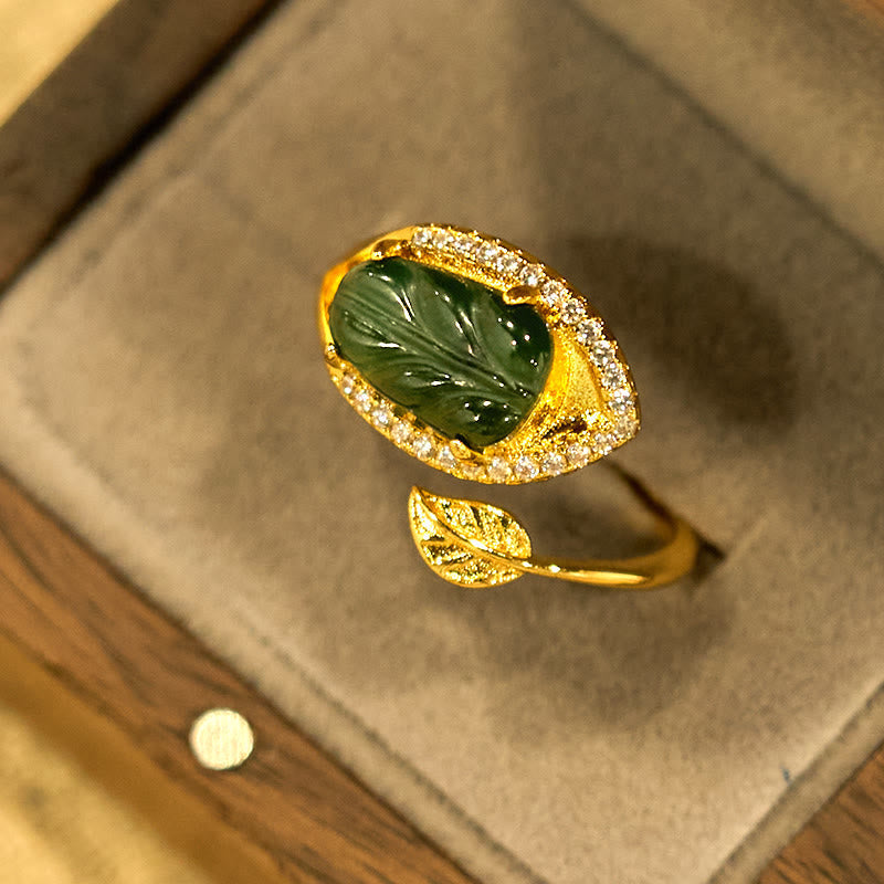 Wear FengShui Copper Plated Gold Natural Jade Leaf Prosperity Adjustable Ring