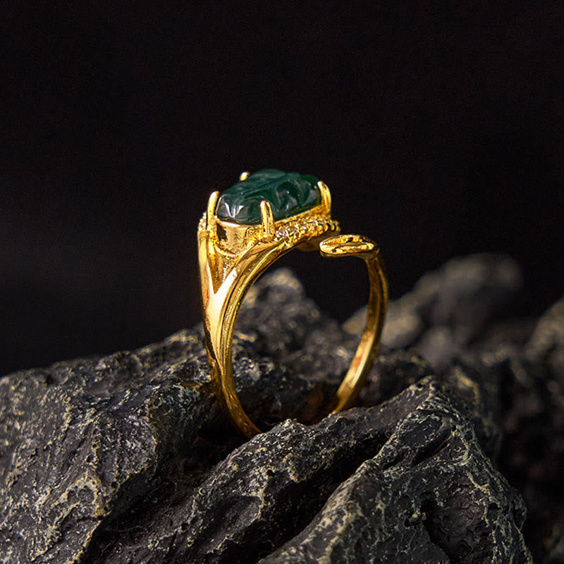 Wear FengShui Copper Plated Gold Natural Jade Leaf Prosperity Adjustable Ring