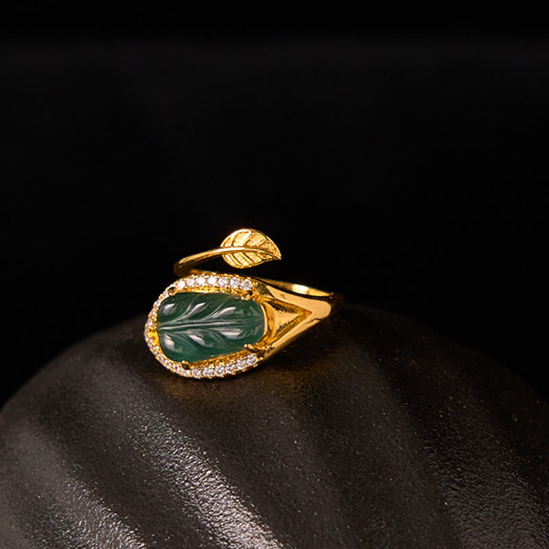 Wear FengShui Copper Plated Gold Natural Jade Leaf Prosperity Adjustable Ring