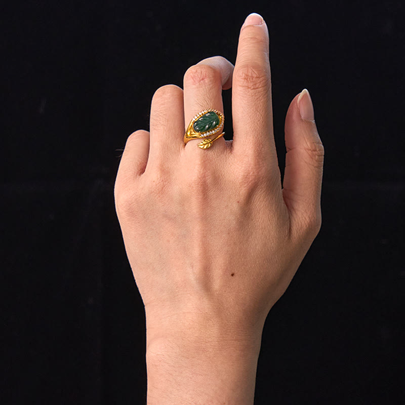 Wear FengShui Copper Plated Gold Natural Jade Leaf Prosperity Adjustable Ring