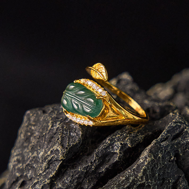 Wear FengShui Copper Plated Gold Natural Jade Leaf Prosperity Adjustable Ring