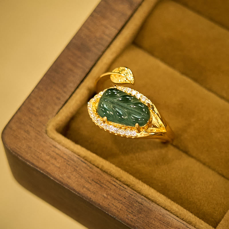 Wear FengShui Copper Plated Gold Natural Jade Leaf Prosperity Adjustable Ring