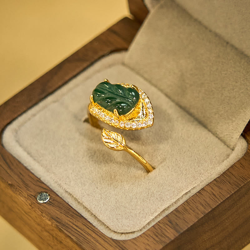 Wear FengShui Copper Plated Gold Natural Jade Leaf Prosperity Adjustable Ring