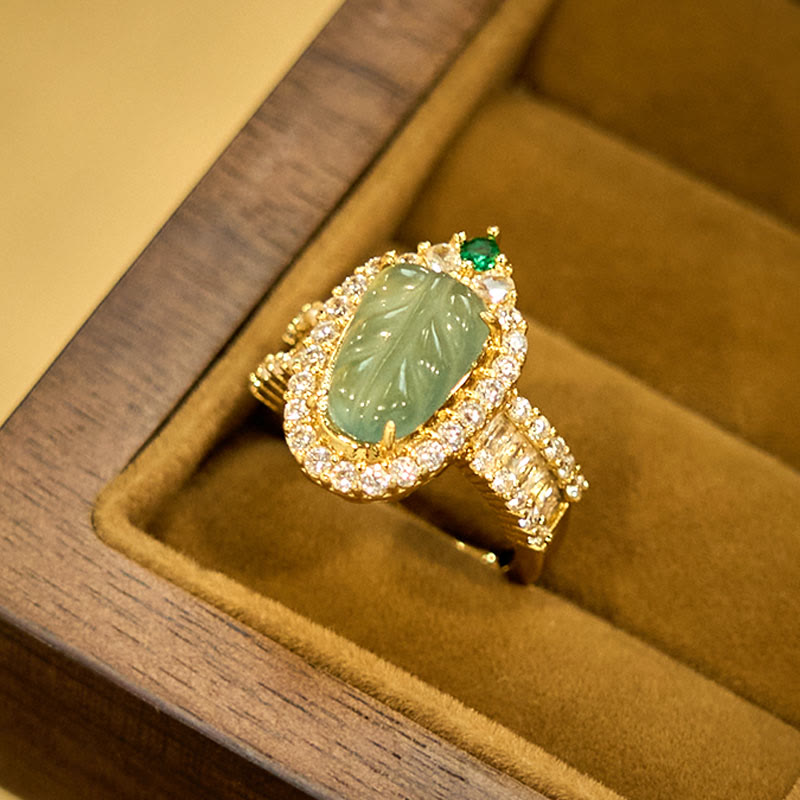 Wear FengShui Copper Plated Gold Natural Jade Leaf Full Diamond Luck Adjustable Ring