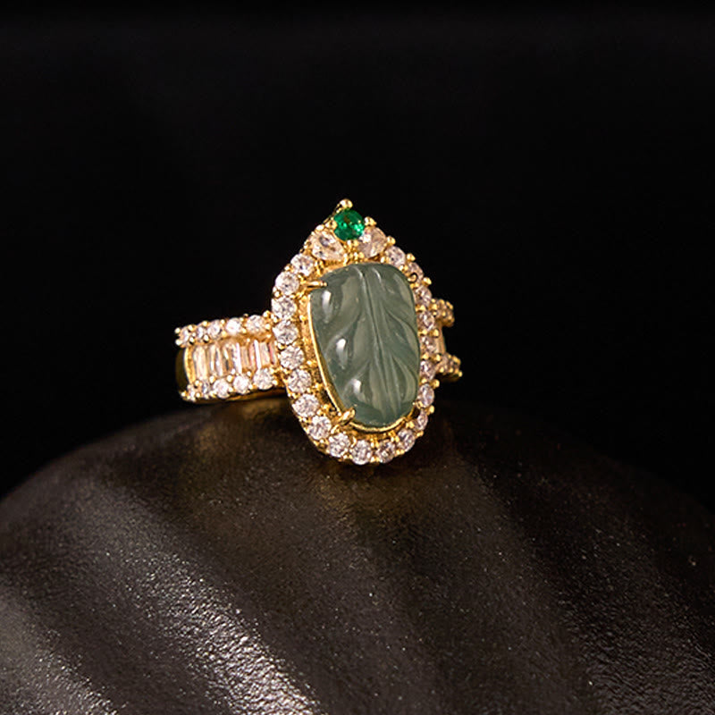Wear FengShui Copper Plated Gold Natural Jade Leaf Full Diamond Luck Adjustable Ring