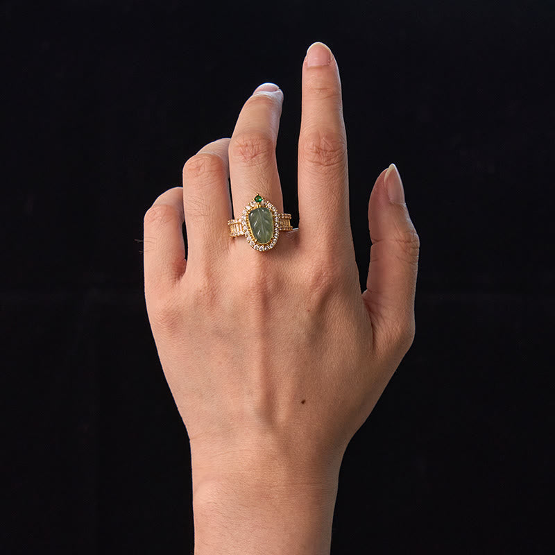 Wear FengShui Copper Plated Gold Natural Jade Leaf Full Diamond Luck Adjustable Ring