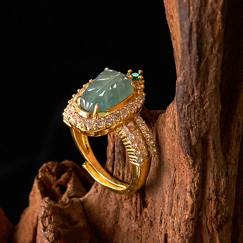 Wear FengShui Copper Plated Gold Natural Jade Leaf Full Diamond Luck Adjustable Ring