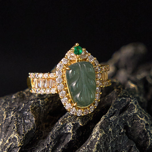 Wear FengShui Copper Plated Gold Natural Jade Leaf Full Diamond Luck Adjustable Ring