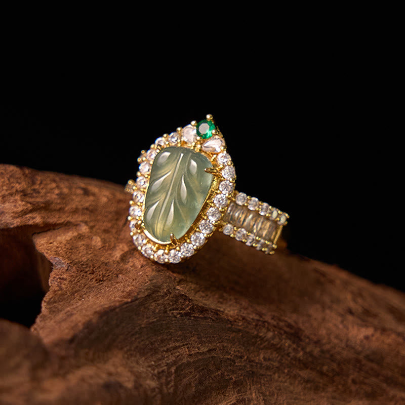 Wear FengShui Copper Plated Gold Natural Jade Leaf Full Diamond Luck Adjustable Ring