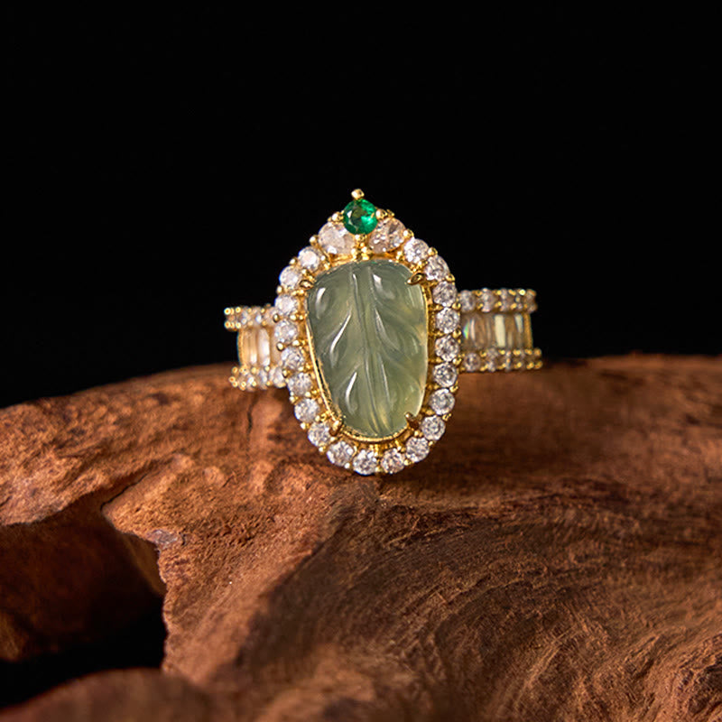 Wear FengShui Copper Plated Gold Natural Jade Leaf Full Diamond Luck Adjustable Ring