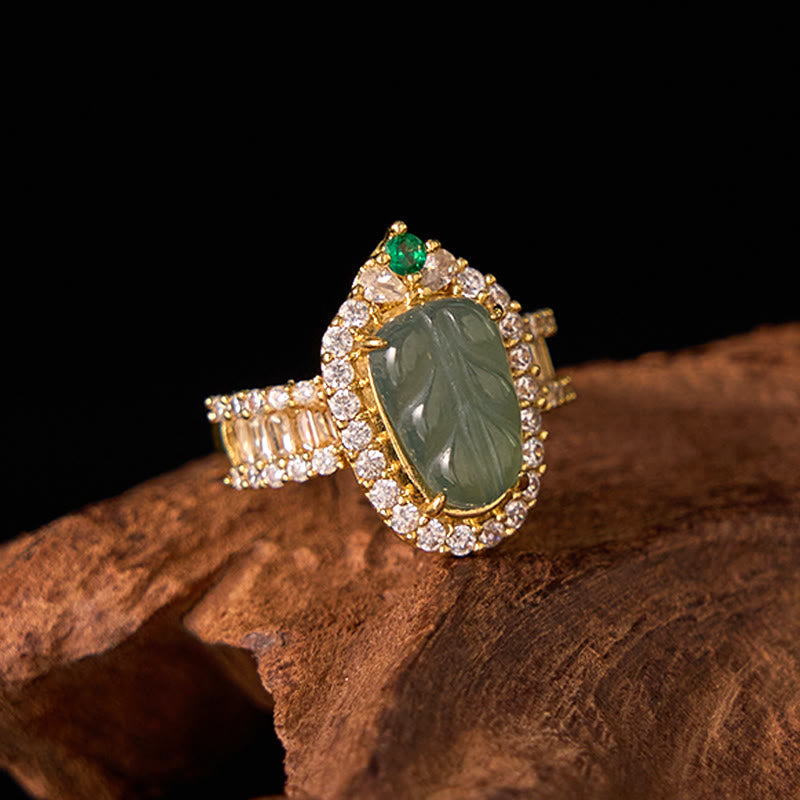 Wear FengShui Copper Plated Gold Natural Jade Leaf Full Diamond Luck Adjustable Ring