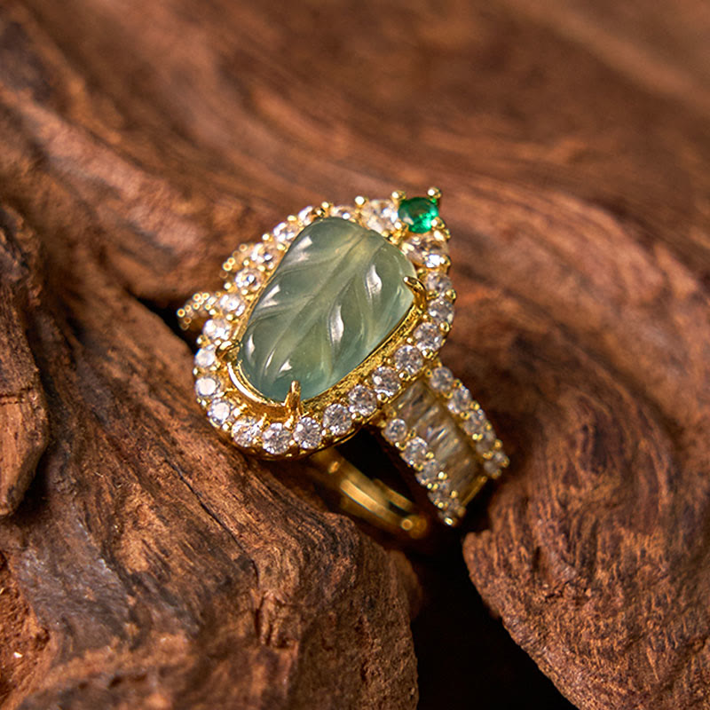 Wear FengShui Copper Plated Gold Natural Jade Leaf Full Diamond Luck Adjustable Ring