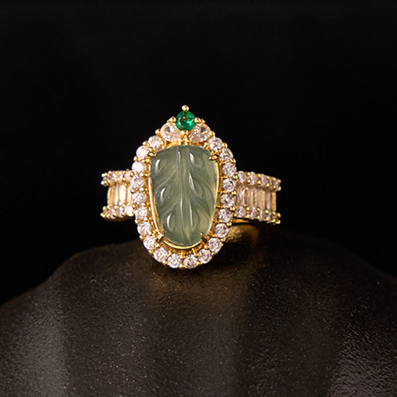 Wear FengShui Copper Plated Gold Natural Jade Leaf Full Diamond Luck Adjustable Ring