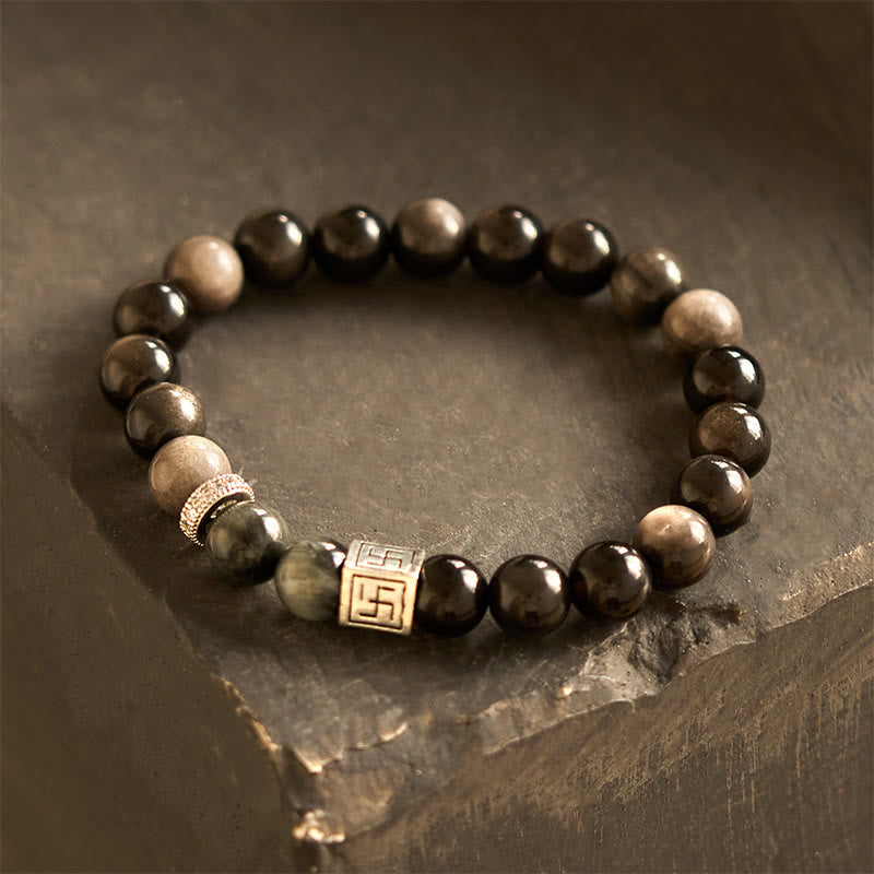 Wear FengShui Black Obsidian Eagle's Eye Stone Strength Courage Bracelet