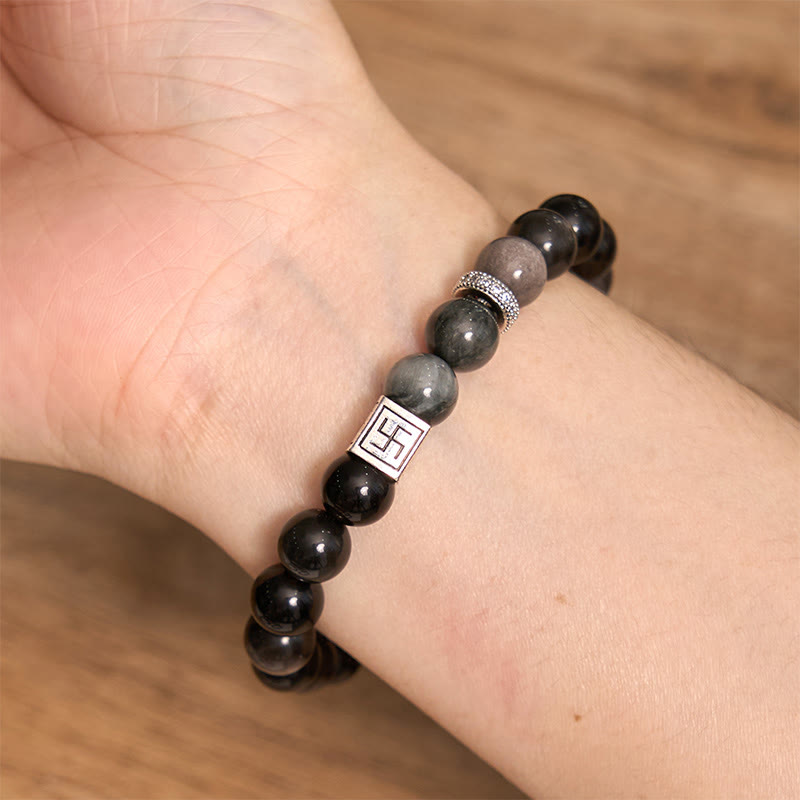 Wear FengShui Black Obsidian Eagle's Eye Stone Strength Courage Bracelet