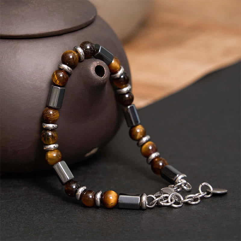 Wear FengShui Tiger Eye Hematite Strength Buckle Chain Bracelet