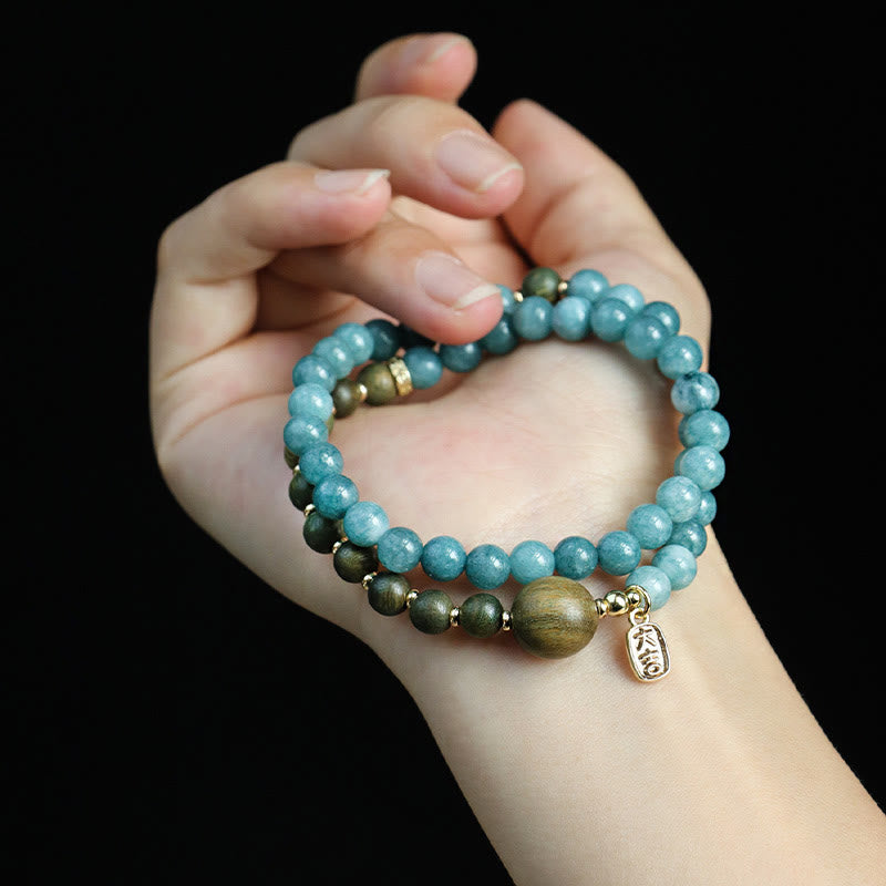 Wear FengShui Blue Chalcedony Green Sandalwood Small Leaf Red Sandalwood Double Wrap Emotional Balance Bracelet
