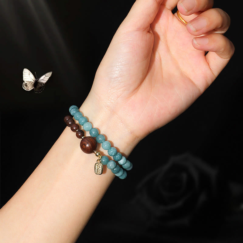 Wear FengShui Blue Chalcedony Green Sandalwood Small Leaf Red Sandalwood Double Wrap Emotional Balance Bracelet
