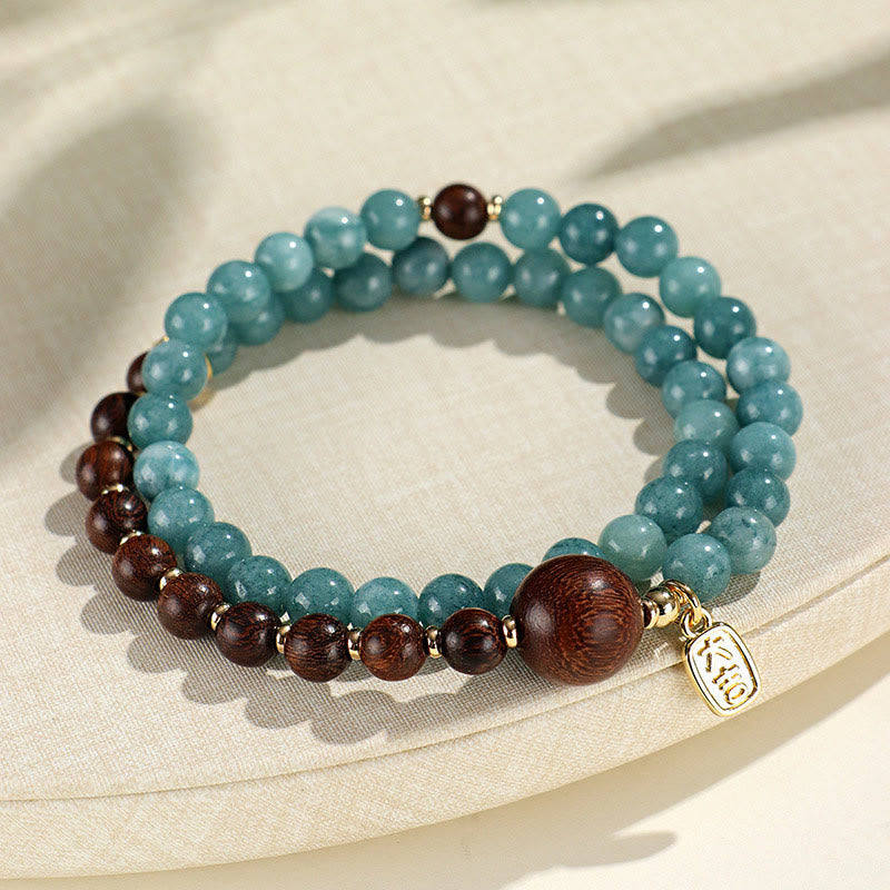 Wear FengShui Blue Chalcedony Green Sandalwood Small Leaf Red Sandalwood Double Wrap Emotional Balance Bracelet