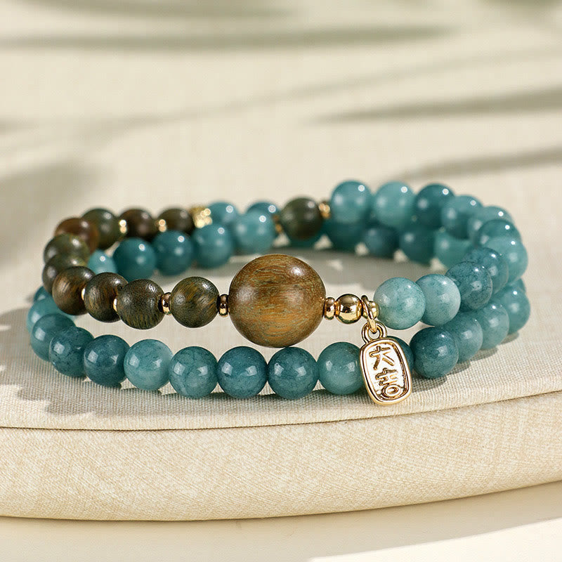 Wear FengShui Blue Chalcedony Green Sandalwood Small Leaf Red Sandalwood Double Wrap Emotional Balance Bracelet