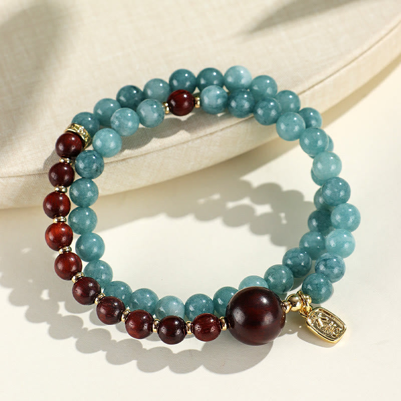 Wear FengShui Blue Chalcedony Green Sandalwood Small Leaf Red Sandalwood Double Wrap Emotional Balance Bracelet