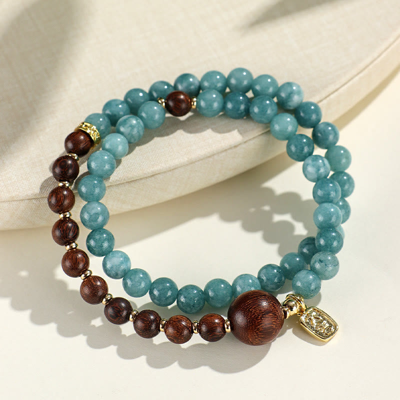 Wear FengShui Blue Chalcedony Green Sandalwood Small Leaf Red Sandalwood Double Wrap Emotional Balance Bracelet