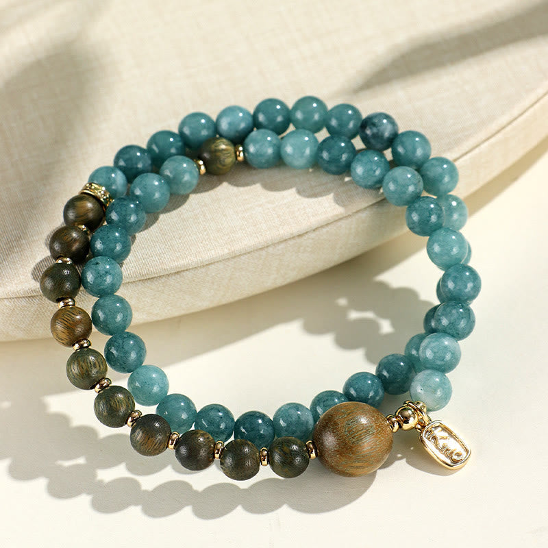 Wear FengShui Blue Chalcedony Green Sandalwood Small Leaf Red Sandalwood Double Wrap Emotional Balance Bracelet