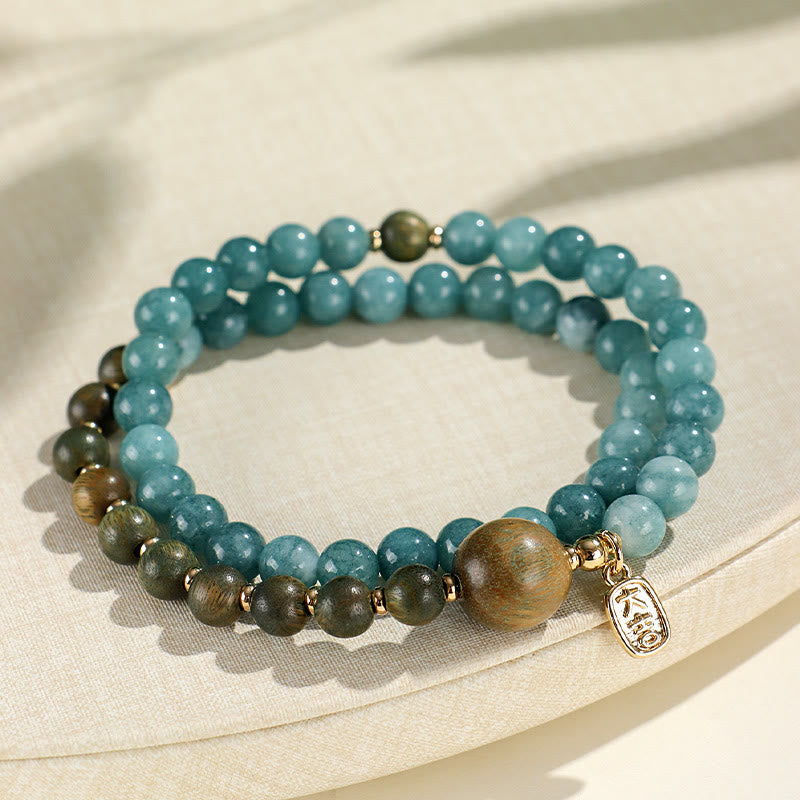 Wear FengShui Blue Chalcedony Green Sandalwood Small Leaf Red Sandalwood Double Wrap Emotional Balance Bracelet