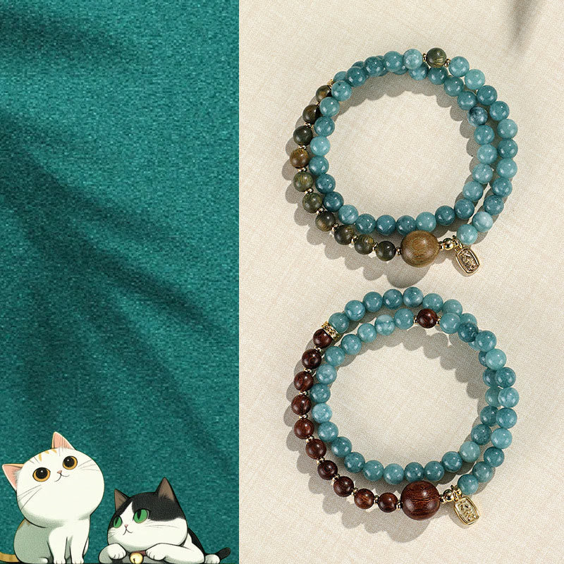 Wear FengShui Blue Chalcedony Green Sandalwood Small Leaf Red Sandalwood Double Wrap Emotional Balance Bracelet