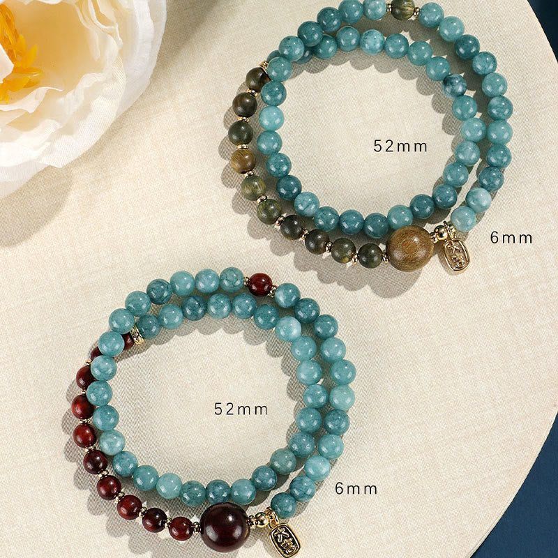 Wear FengShui Blue Chalcedony Green Sandalwood Small Leaf Red Sandalwood Double Wrap Emotional Balance Bracelet
