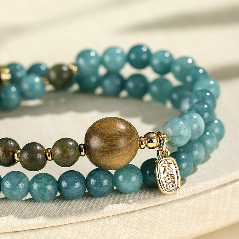 Wear FengShui Blue Chalcedony Green Sandalwood Small Leaf Red Sandalwood Double Wrap Emotional Balance Bracelet