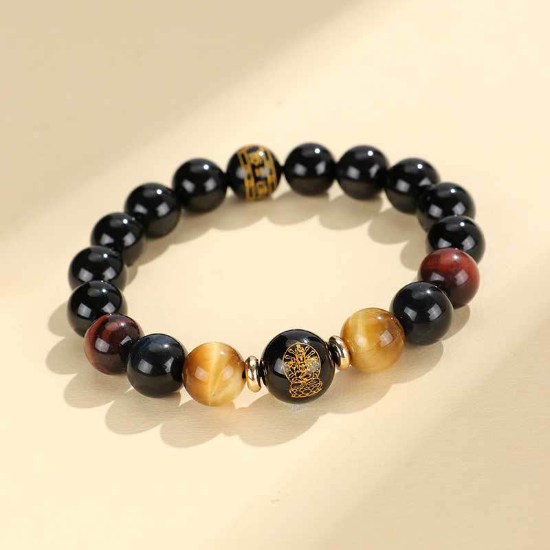 Wear FengShui Black Onyx Tiger Eye Om Mani Padme Hum Chinese Zodiac Natal Buddha Support Bracelet