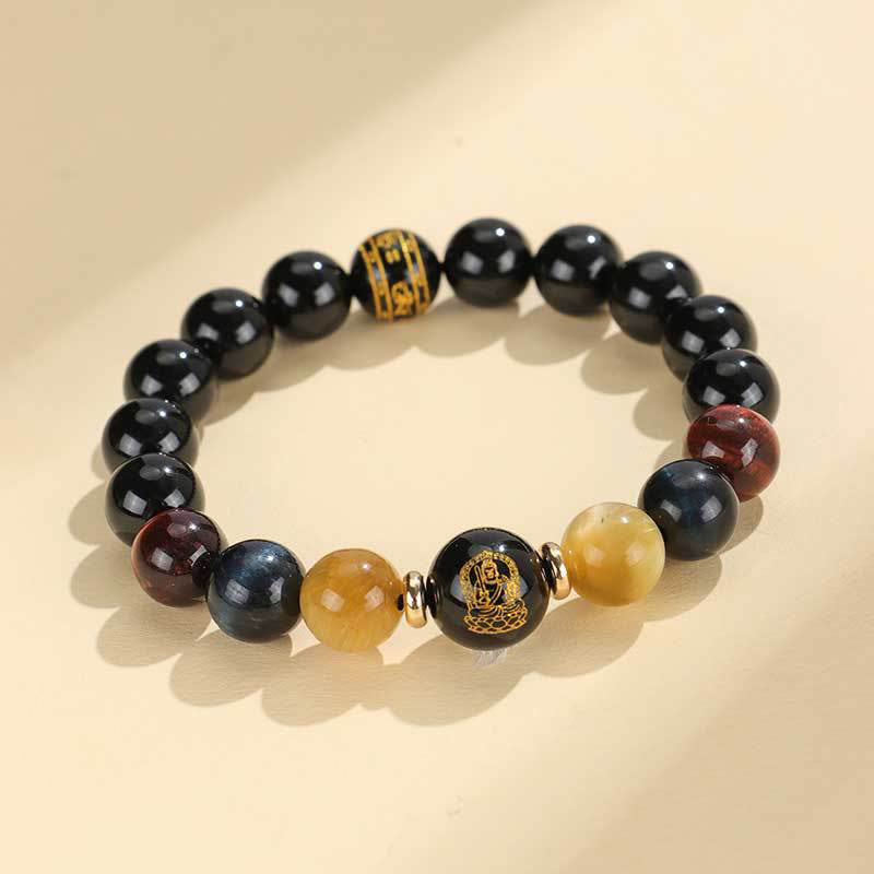 Wear FengShui Black Onyx Tiger Eye Om Mani Padme Hum Chinese Zodiac Natal Buddha Support Bracelet