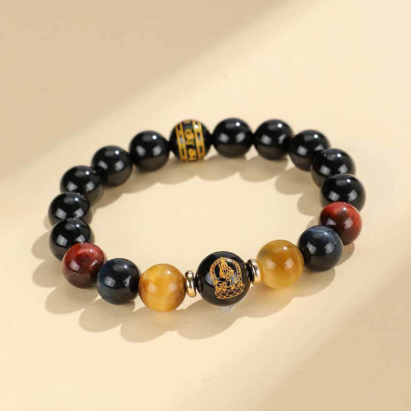 Wear FengShui Black Onyx Tiger Eye Om Mani Padme Hum Chinese Zodiac Natal Buddha Support Bracelet