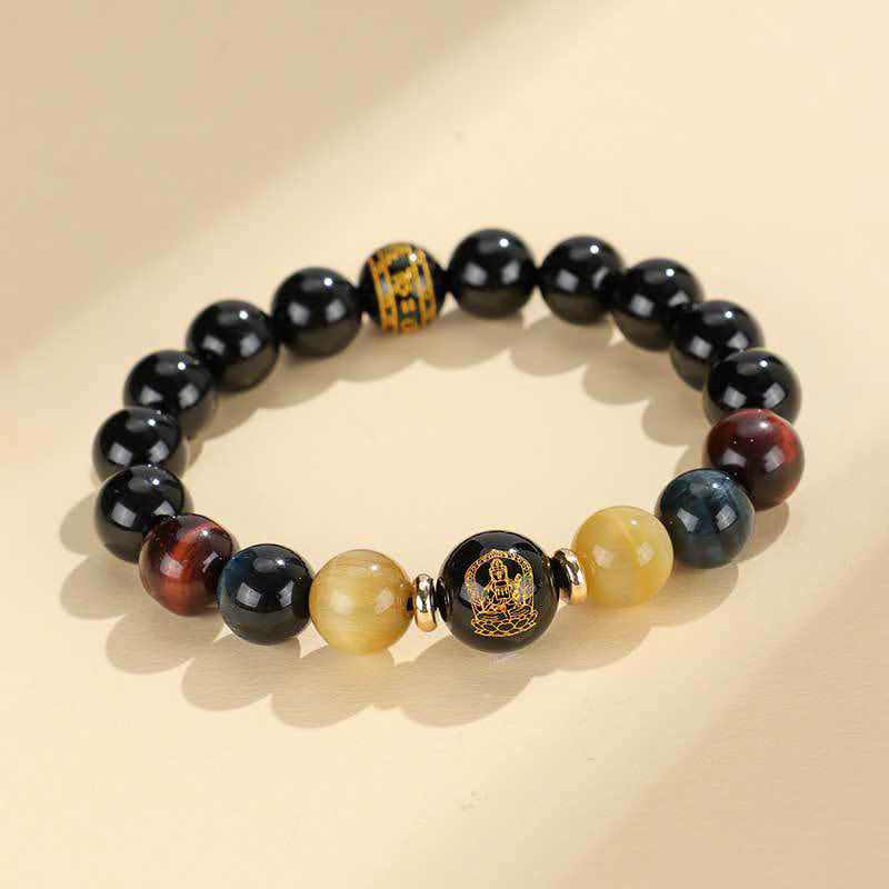 Wear FengShui Black Onyx Tiger Eye Om Mani Padme Hum Chinese Zodiac Natal Buddha Support Bracelet