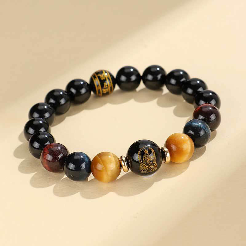 Wear FengShui Black Onyx Tiger Eye Om Mani Padme Hum Chinese Zodiac Natal Buddha Support Bracelet