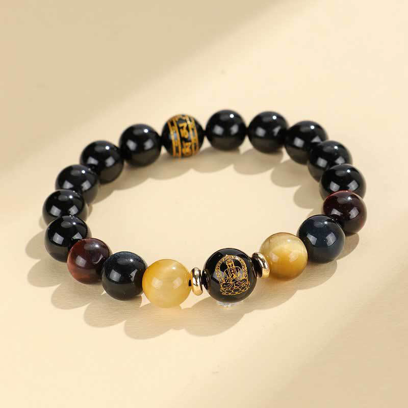 Wear FengShui Black Onyx Tiger Eye Om Mani Padme Hum Chinese Zodiac Natal Buddha Support Bracelet