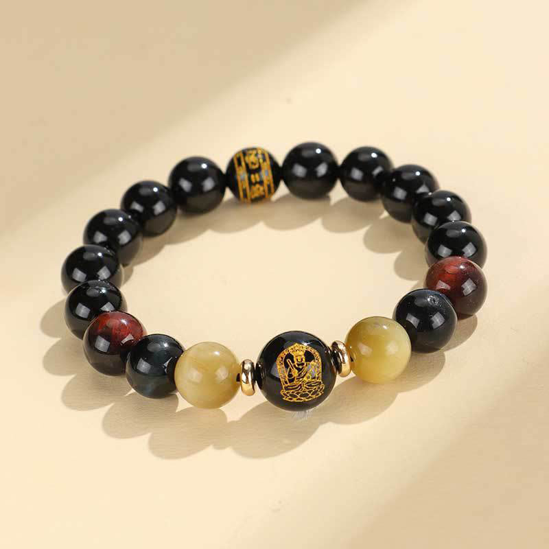 Wear FengShui Black Onyx Tiger Eye Om Mani Padme Hum Chinese Zodiac Natal Buddha Support Bracelet