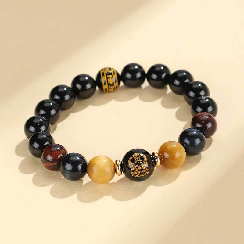 Wear FengShui Black Onyx Tiger Eye Om Mani Padme Hum Chinese Zodiac Natal Buddha Support Bracelet
