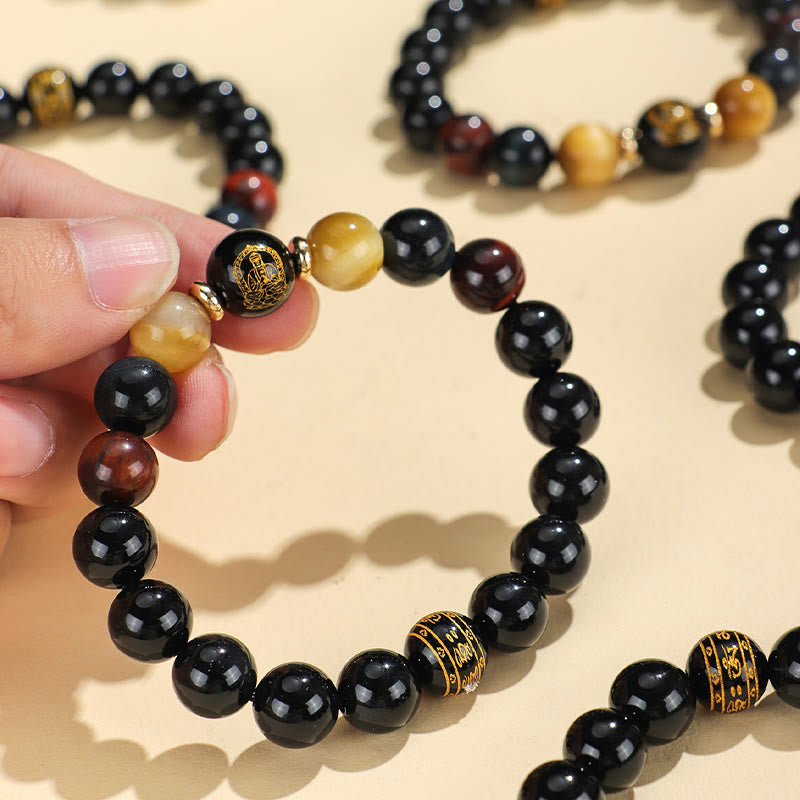 Wear FengShui Black Onyx Tiger Eye Om Mani Padme Hum Chinese Zodiac Natal Buddha Support Bracelet
