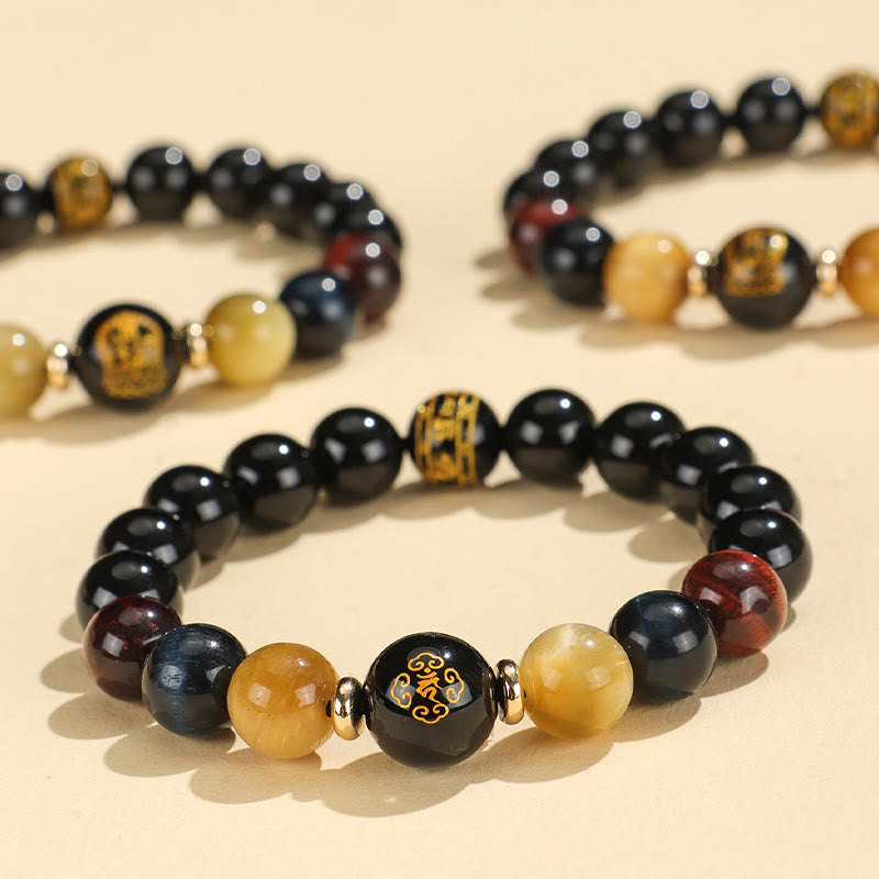 Wear FengShui Black Onyx Tiger Eye Om Mani Padme Hum Chinese Zodiac Natal Buddha Support Bracelet