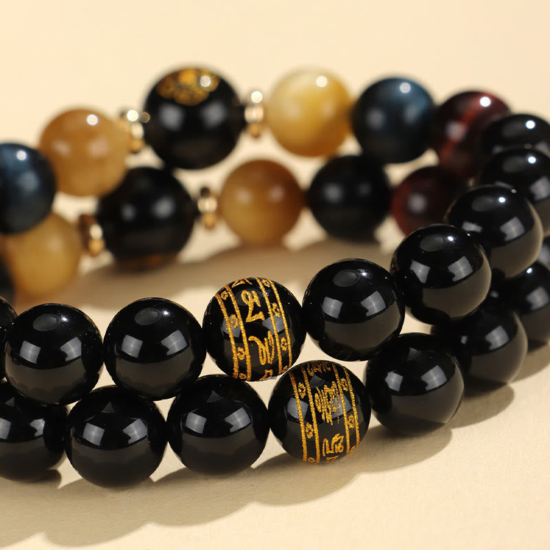 Wear FengShui Black Onyx Tiger Eye Om Mani Padme Hum Chinese Zodiac Natal Buddha Support Bracelet