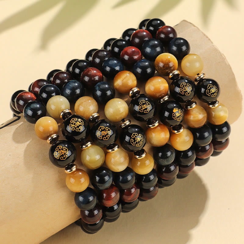 Wear FengShui Black Onyx Tiger Eye Om Mani Padme Hum Chinese Zodiac Natal Buddha Support Bracelet